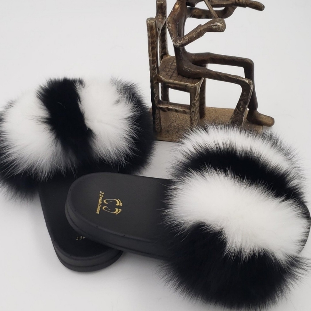 100% Fox Fur Slides Ebony White In-stock Fast Shipping